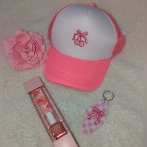 Pink Cherry White Snap Back Hat Bag Charm And Nail Set Bundle